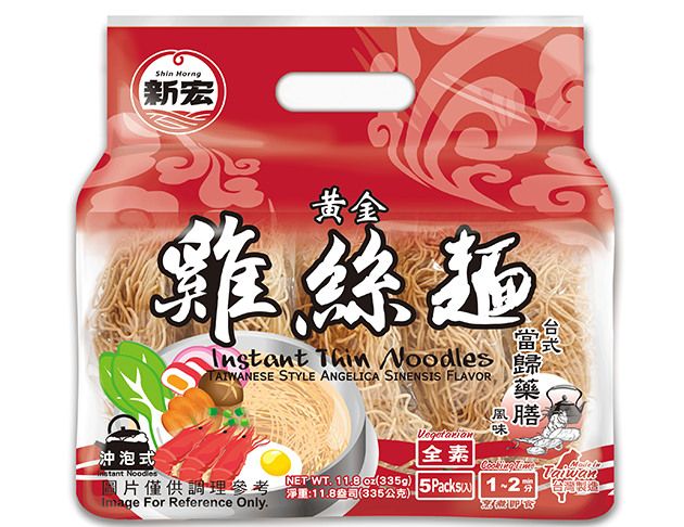 Shin Horng Instant Thin Noodles - Taiwanese Style Angelica Sinensis Flavor(5x12 per carton) 新宏黃金雞絲麵-台式當歸藥膳風味67gx5包(每箱12袋)